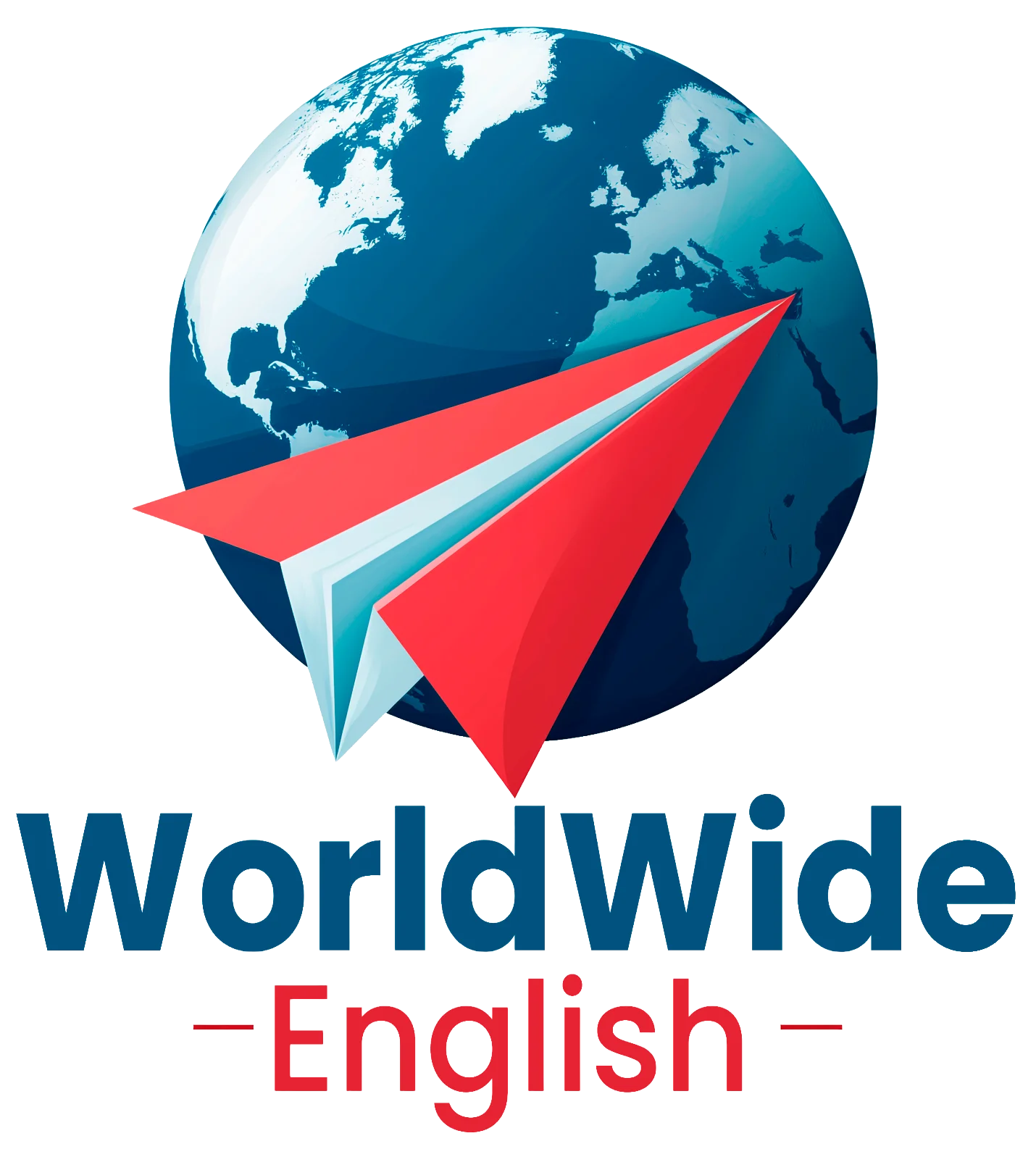 Logo de WorldWide English con el planeta tierra y avión de papel